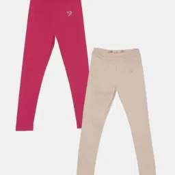 TWIN BIRDS Kids Pink & Beige Cotton Regular Fit Leggings (Pack of 2)-image-65