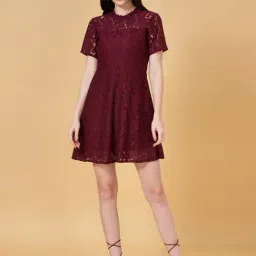 People by Pantaloons Maroon Self Pattern A-Line Dress-picture-46
