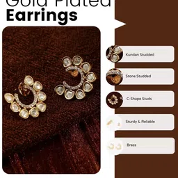 House of Pataudi Gold Plated Kundan Studded C-Shape Studs image 5