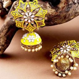 Priyaasi Floral Yellow & Peach Jhumki Earrings-picture-31