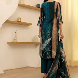 VKOM'S Printed Embroidered Pure Cotton V-Neck Ethnic Straight Kurta with Palazzo & Dupatta image 2