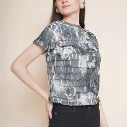 CORSICA Women Floral Printed Round Neck Ruffles Crepe Top image 4