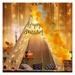 Puchku Decoration Items For Birthday Combo With White Net Led Fairy Lights And White Golden Balloons Background Decoration Items Birthday Decoration Items Cabana Tent Decoration - 26 Pieces-image-98