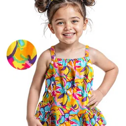 Babyhug 100% Cotton Woven Sleeveless Top with Frills & Floral Print- Multicolor-picture-21