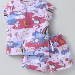 OLLYPOP Sinker Knit Half Sleeves T-Shirt & Shorts Set With Unicorn Print - Rose Gold-picture-3