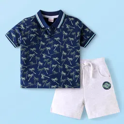 Babyhug Single Jersey Knit Half Sleeves T-Shirt & Shorts Set With Tree Print - Navy Blue & White-picture-17