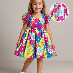 Babyhug Nylon Woven Half Sleeves Party Dress With Floral Print & Bow Applique - Multicolor-picture-3