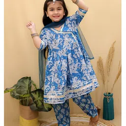 Superminis Cotton Half Sleeves Floral Printed & Lace Embellished Kurta Pant with Dupatta Set - Blue-picture-10
