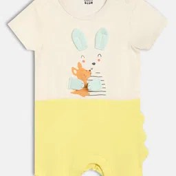MINI KLUB Cotton Knit Half Sleeves Baby Animal Printed Romper - Beige & Yellow-image-7