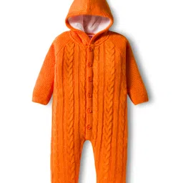 Babyhug Knit Full Sleeves Front Open Solid Hooded Winter Wear Romper with Cable Knit Design - Orange image 1