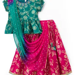 Babyhug Brocade Half Puffed Sleeves Choli Lehenga Set with Dupatta & Floral Foil Print - Teal Blue-picture-25