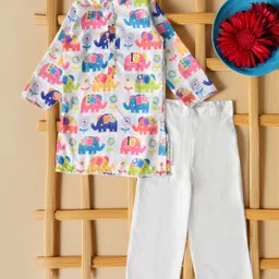 Bella Moda Cotton Woven Full Sleeves Elephants & Floral Printed Kurta Pyjama Set - White-picture-30