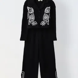Spunkies Cotton Knit Full Sleeves Abstract Embroidered Shirt Style Top & Pant Set - Black-picture-18