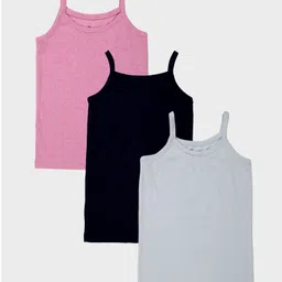 Kiddopanti Cotton Knit Pack Of 3 Sleeveless Solid Camisoles - Black Pink Melange & Blue-picture-27