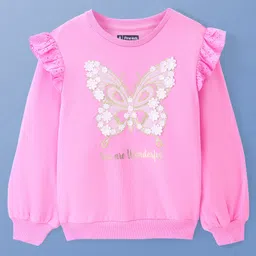 Pine Kids Cotton Knit Full Sleeves Drop Shoulder Sweatshirt with Abstract & Glitter Text Print - Pink image 2