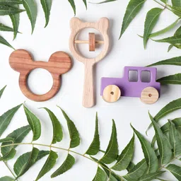 OPA Toys New Born Gift Set - Wooden Mickey Mouse Teether, Bear Rattle and  Racing Violet - JEEP Push & Pull Toy ( 3 Pieces) image 2
