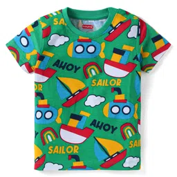 Babyhug Cotton Knit Half Sleeves Night Suit with Nautical Theme Print - Green image 2