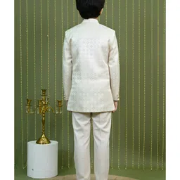 Ahhaaaa Jacquard Woven Full Sleeves Geometric Zari Embroidered Sherwani Pant Set - Cream image 3