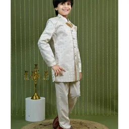 Ahhaaaa Jacquard Woven Full Sleeves Geometric Zari Embroidered Sherwani Pant Set - Cream image 4