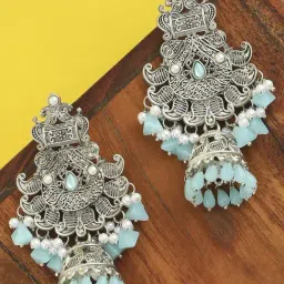 OOMPH Jewellery Oxidized Silver Tone Turquoise Blue Opal Beads Jhumki-image-21