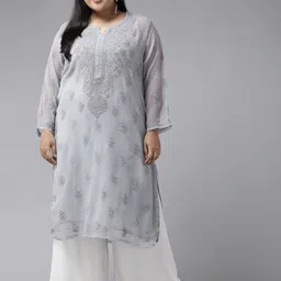 ADA Women Plus Size Grey Ethnic Motifs Chikankari Embroidered Georgette Handloom Kurta With Slip-picture-35