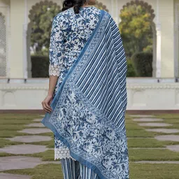 KALINI Floral Printed Thread Work Pure Cotton Straight Kurta With Trouser & Dupatta image 5