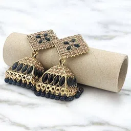 Stylewell Gold-Plated Rhinestone Studded & Beads Beaded Dome Shaped Jhumkas image 2