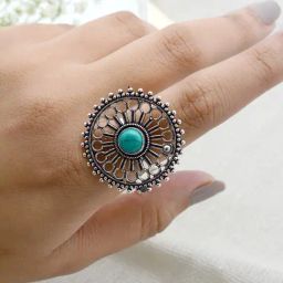 Teejh Ethnic Aruna Turquoise Silver Oxidized Filigree Rings for Women-picture-8