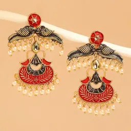 OOMPH Jewellery Red Peacock Design Kundan & Pearls Dangler-image-32