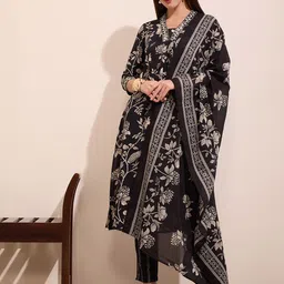 FASHOR Floral Printed Pleated Pure Cotton A-Line Kurta With Trousers & Dupatta-picture-13