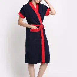 Creeva Everyday Navy & Red 225 GSM Micro Terry Bathrobe with Front Pocket & Kimono Collar image 2