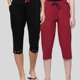 Kryptic Black & Maroon Elasticated Waist Band Relaxed Fit Printed Cotton Capris - Pack of 2-picture-1