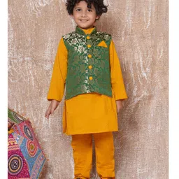 AJ Dezines Full Sleeves Solid Kurta & Pyjama With Floral Swirl Woven Designed Jacket - Yellow-picture-26