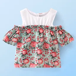 Babyhug Rayon Woven Half Sleeves Cold Shoulder Woven Top with All Over Floral Print - Light Blue-image-70