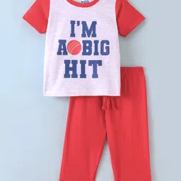 Doodle Poodle 100% Cotton Half Sleeves Night Suit With Text Print - Red & Grey image 1