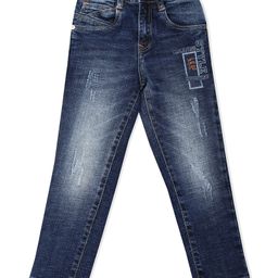 LEO Brand Name Printed & Mild Distressed Stone Wash Denim Jeans - Blue-picture-29