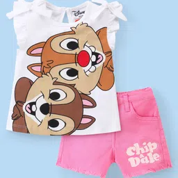 Babyhug Disney Single Jersey Knit Half Sleeves Top &  Shorts Set with Chip n Dale Print - White & Pink-image-4