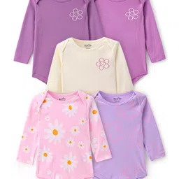 Bonfino 100% Cotton Knit Full Sleeves Onesies with Floral Print Pack of 5 - Pink Purple & White-picture-37