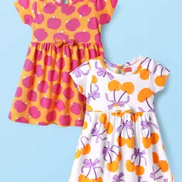 Babyhug Single Jersey Knit Half Sleeves Frocks With Fruit Print & Bow Applique Pack of 2 - Orange & White-picture-10