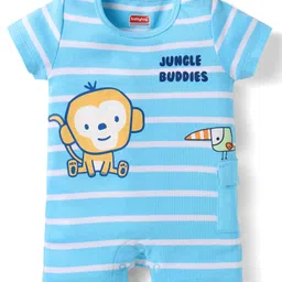 Babyhug 100% Cotton Knit Half Sleeves Romper with Stripes Monkey Print - Light Blue-image-24
