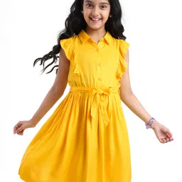 Pine Kids Rayon Woven Frill Sleeves Solid Color Collared Frock - Yellow-picture-17