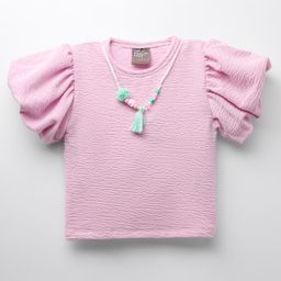 Little Kangaroos Knitted Half Puffed Sleeves Solid Color Textured Top with Necklace - Pink-picture-32
