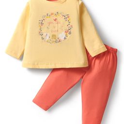Zero Sinker Knit Full Sleeves Top & Lounge Pant Set With Floral & Animal Print - Lemon Yellow & Coral-picture-3