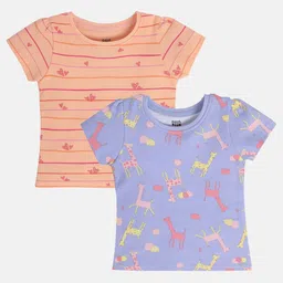 MINI KLUB Cotton Pack Of 2 Half Sleeves Giraffe & Hearts Printed Tops - Peach & Purple-image-8