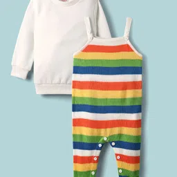 Babyhug Knit Full Sleeves Winter Romper & T-Shirt With Rainbow Stripes - Multicolor image 1