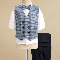 Robo Fry Cotton Woven Full Sleeves 3 Piece Party Suit With Checks Print & Bow - Blue-image-73