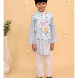 The Mom Store Cotton Knit Full Sleeves Striped Kurta Pyjama With Floral Printed Jacket Set - Multi Colour-picture-11