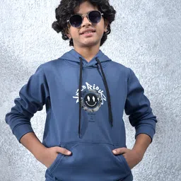CRIMSOUNE CLUB Woven Full Sleeves Smiley Printed Light Winter Hooded Sweatshirt - Blue-picture-12
