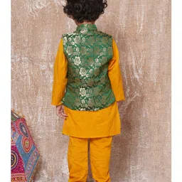 AJ Dezines Full Sleeves Solid Kurta & Pyjama With Floral Swirl Woven Designed Jacket - Yellow image 3