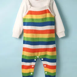 Babyhug Knit Full Sleeves Winter Romper & T-Shirt With Rainbow Stripes - Multicolor image 2